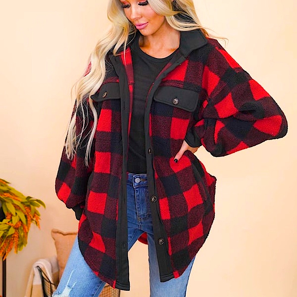 Bibi: Soft Button Down Checked Shacket Small